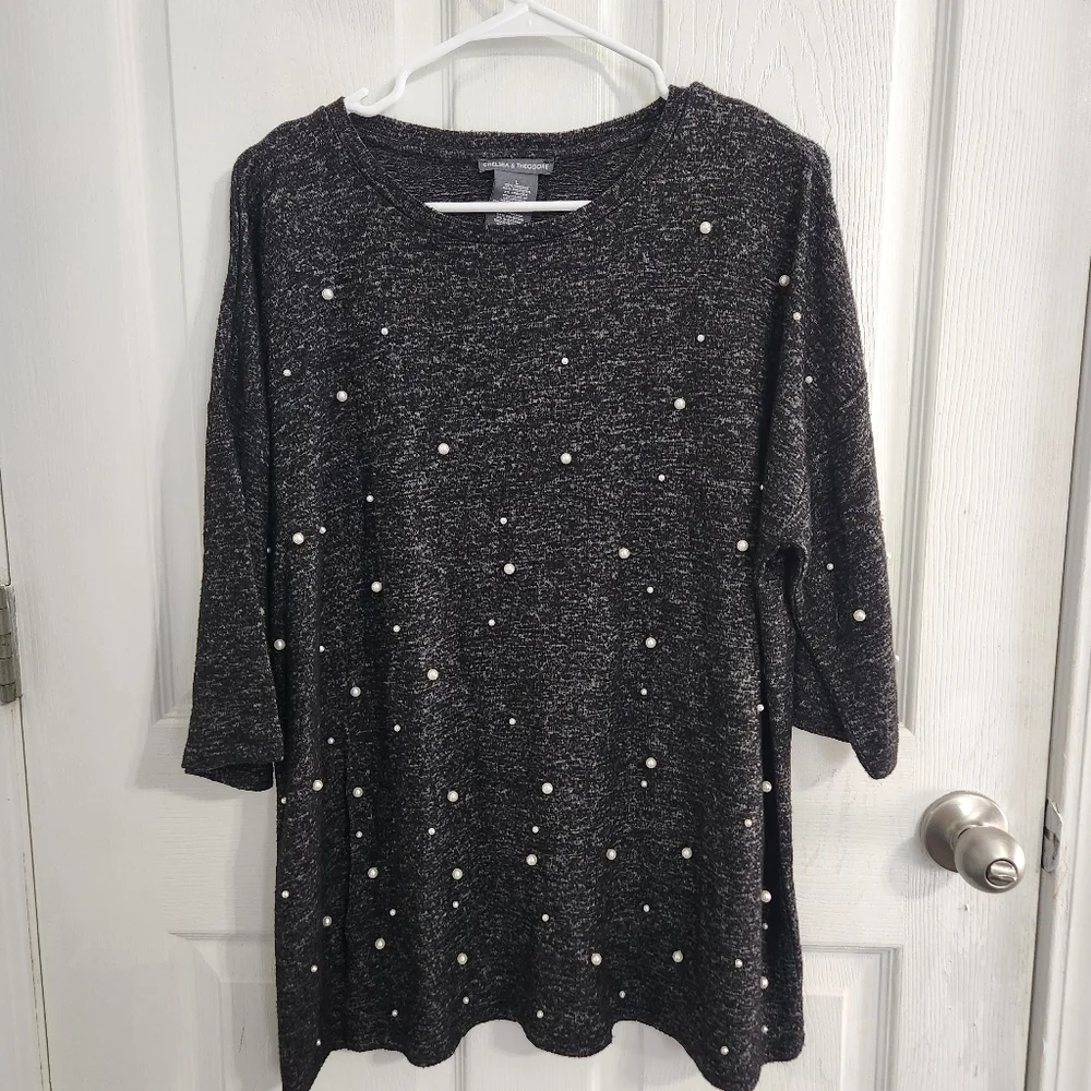 Chelsea & Theodore pearl embellished sweater 3/4 sleeve artsy glam women Large